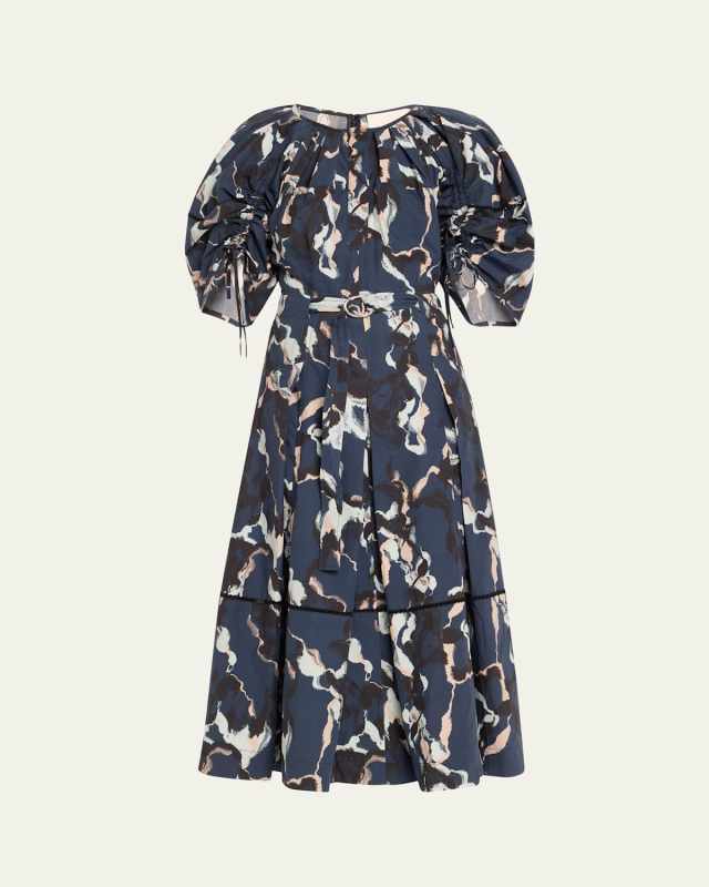 Shirred Belted Midi Dress